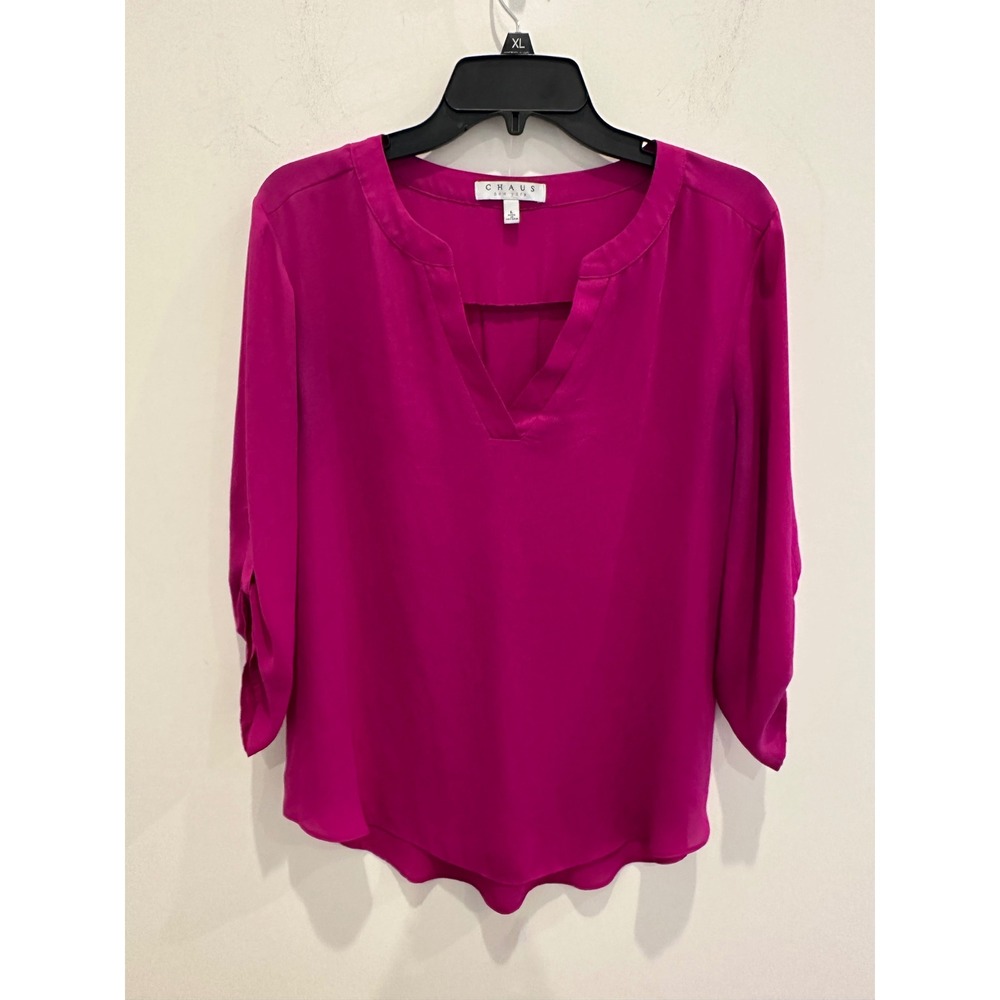 Chaus New York Magenta Pink Split Neck Roll Tab Sleeve Blouse Large